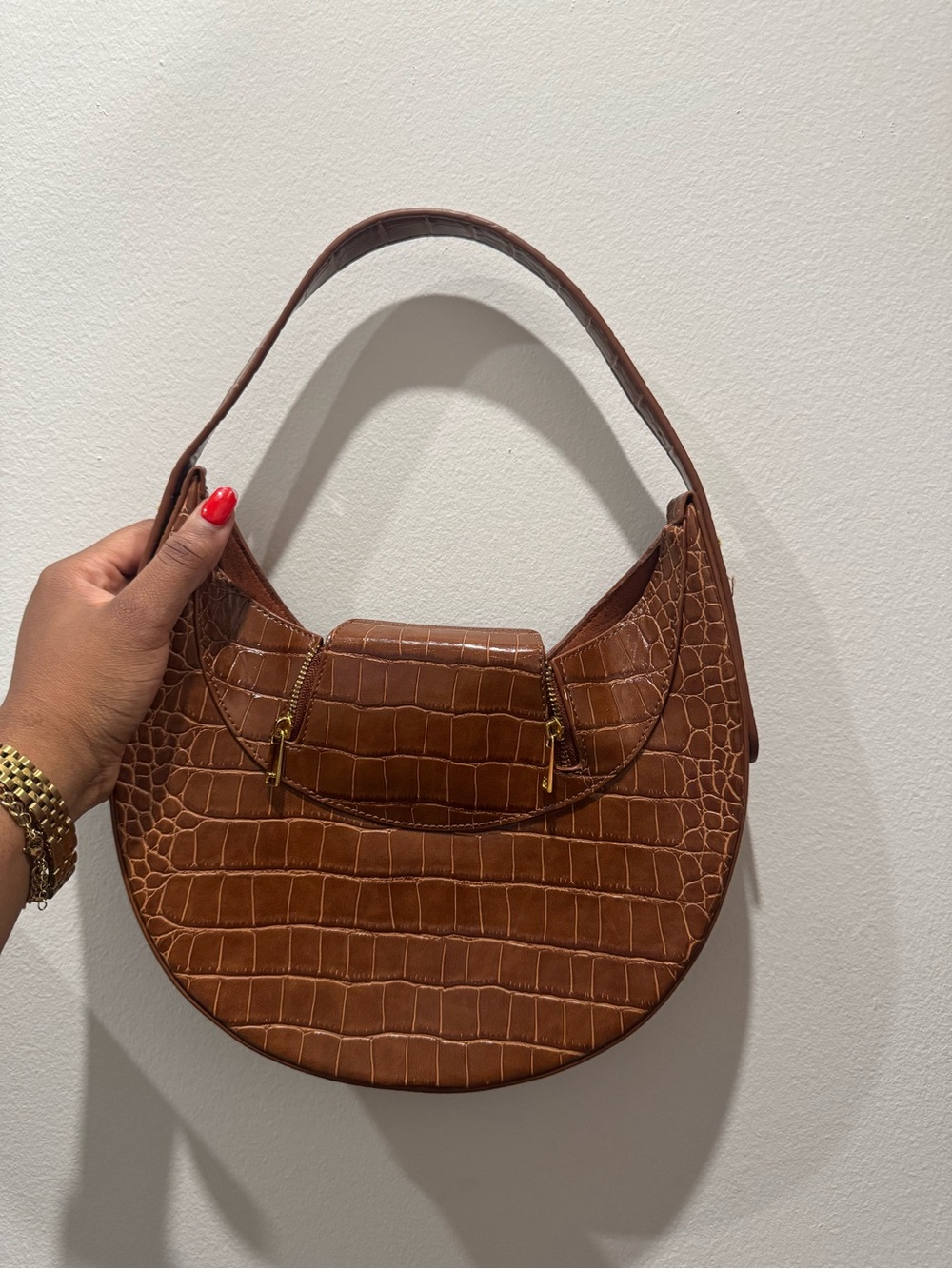 JW PEI Brown Croc-Embossed Crescent Shoulder Bag